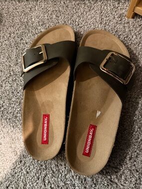UNIONBAY Olive Green Slide Sandals with Gold Buckles